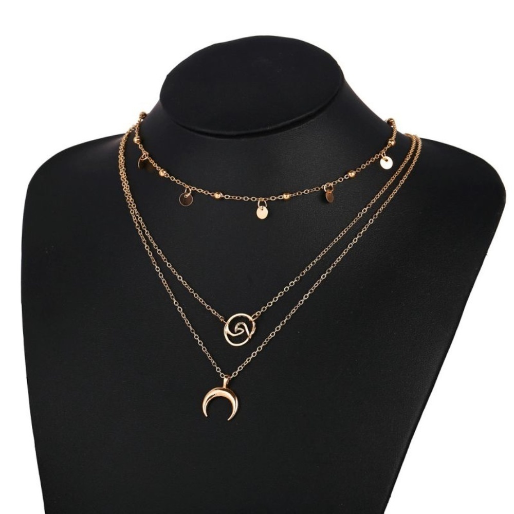 *FARAH* Gold Moon Triple Layer Pendant Necklace